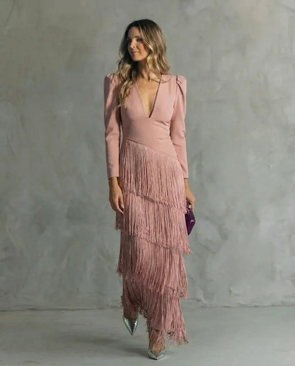 Sienna™ Elegant Dress with Fringe Sleeves