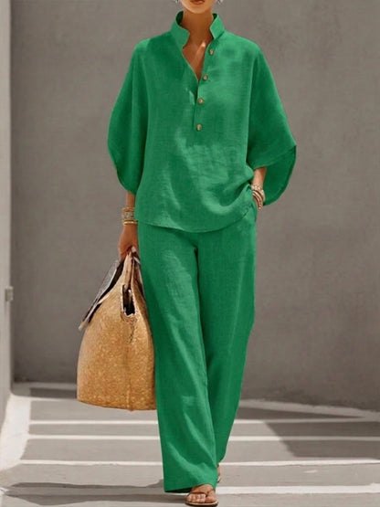 Kinsley™ Cotton and Linen Set with Batwing Sleeves and Wide Pants