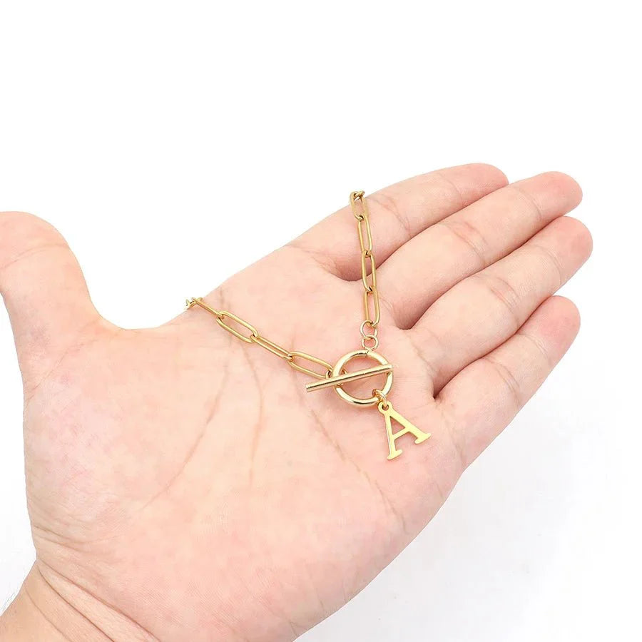 Ganelle™ Necklace with Circular Lock Closure and Initial in Paperclip Shape