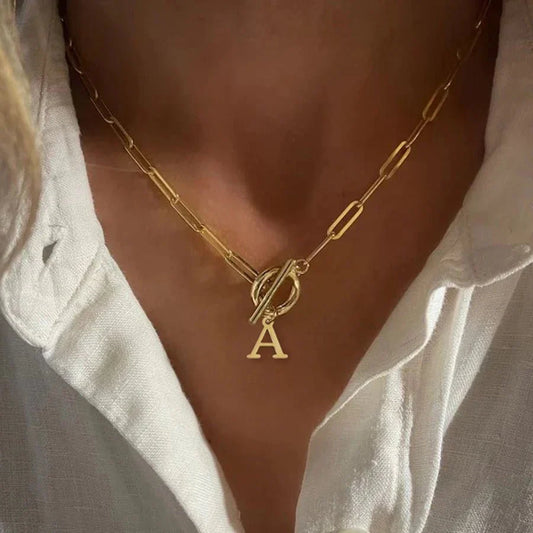 Ganelle™ Necklace with Circular Lock Closure and Initial in Paperclip Shape