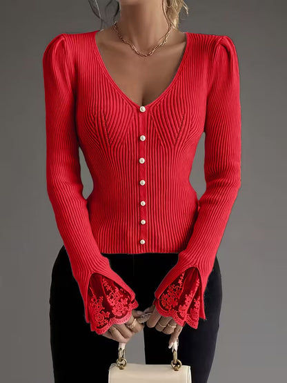Eviorenne™ Ribbed Blouse with V-Neck and Lace Sleeves