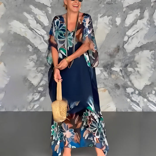 Ione™ Elegant Long Chiffon Dress with Print and V-Neck