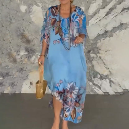 Ione™ Elegant Long Chiffon Dress with Print and V-Neck