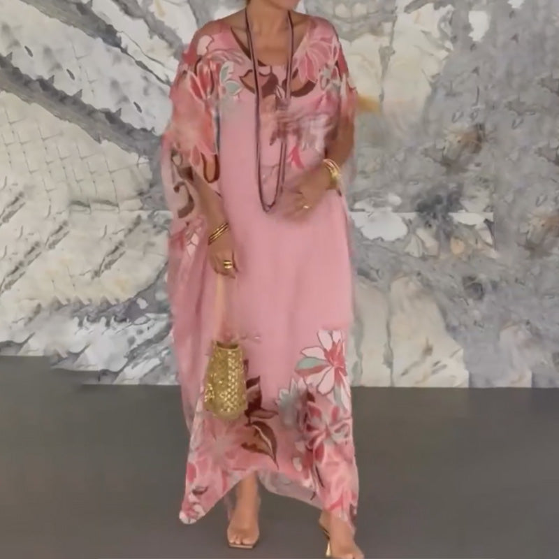 Ione™ Elegant Long Chiffon Dress with Print and V-Neck