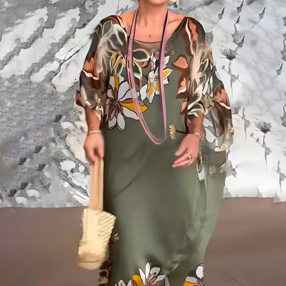 Ione™ Elegant Long Chiffon Dress with Print and V-Neck