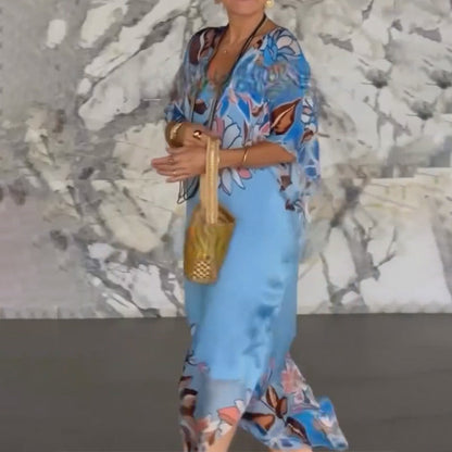 Ione™ Elegant Long Chiffon Dress with Print and V-Neck