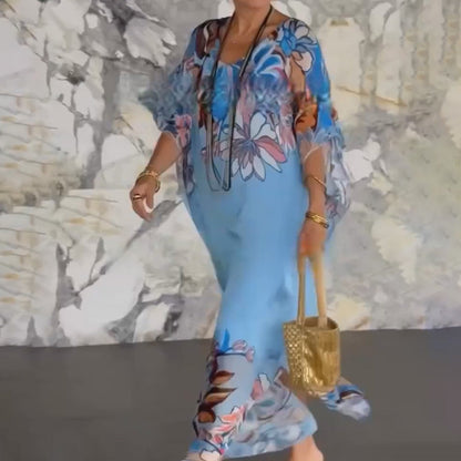 Ione™ Elegant Long Chiffon Dress with Print and V-Neck